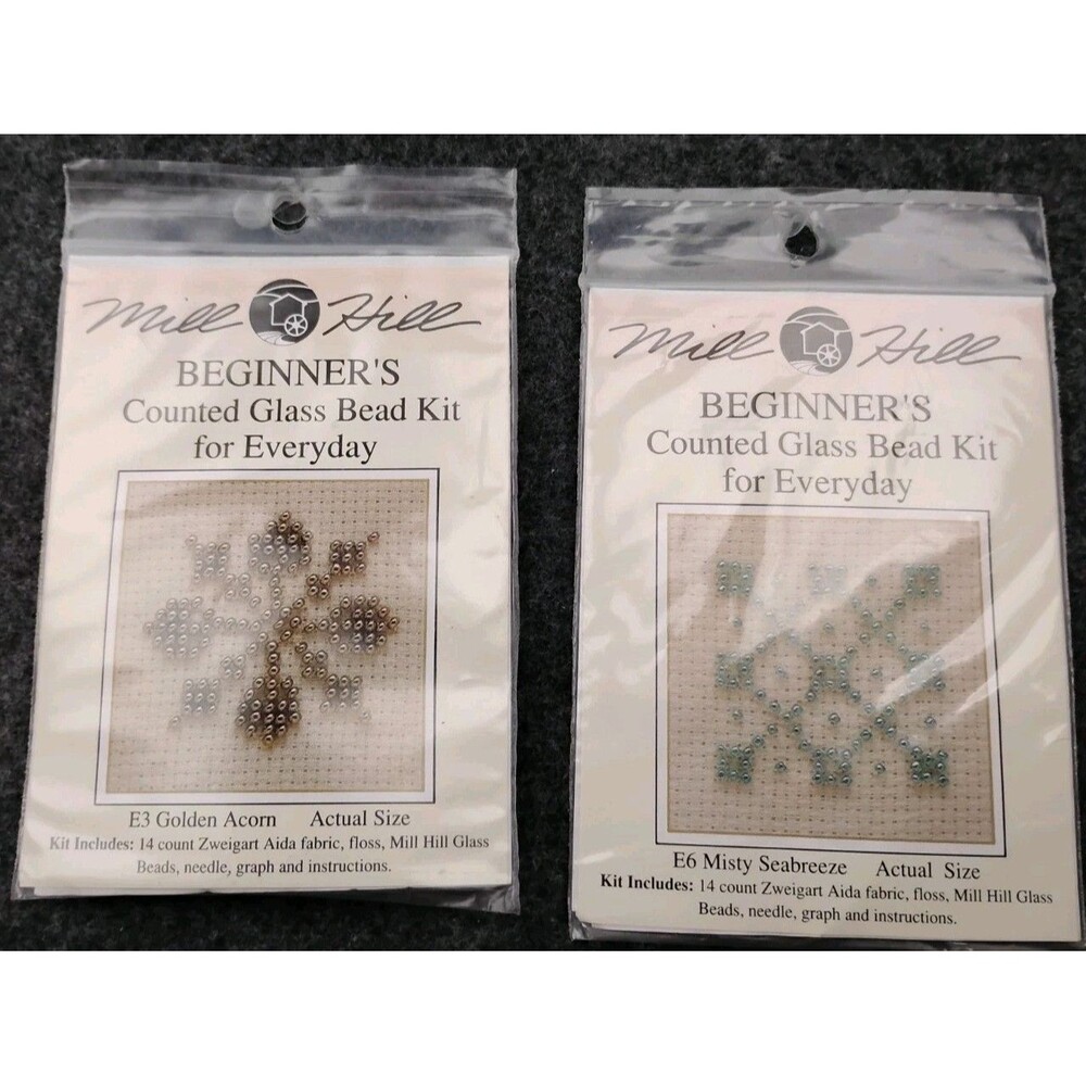 Mill Hill Glass Bead Kit Lot of 2 Cross Stitch Golden Acorn and Misty SeaBreeze